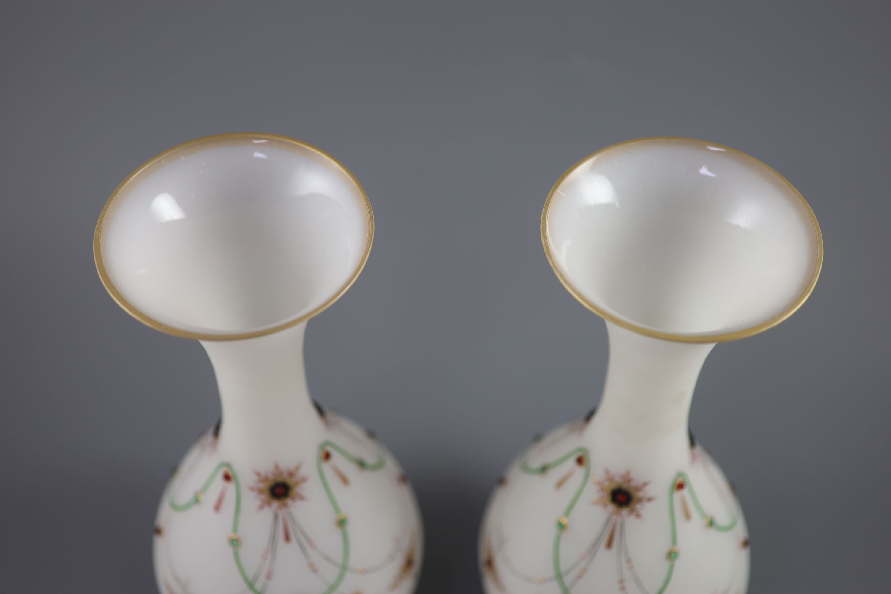 A pair of French or Bohemian frosted opaline jewelled glass vases, height 34cm